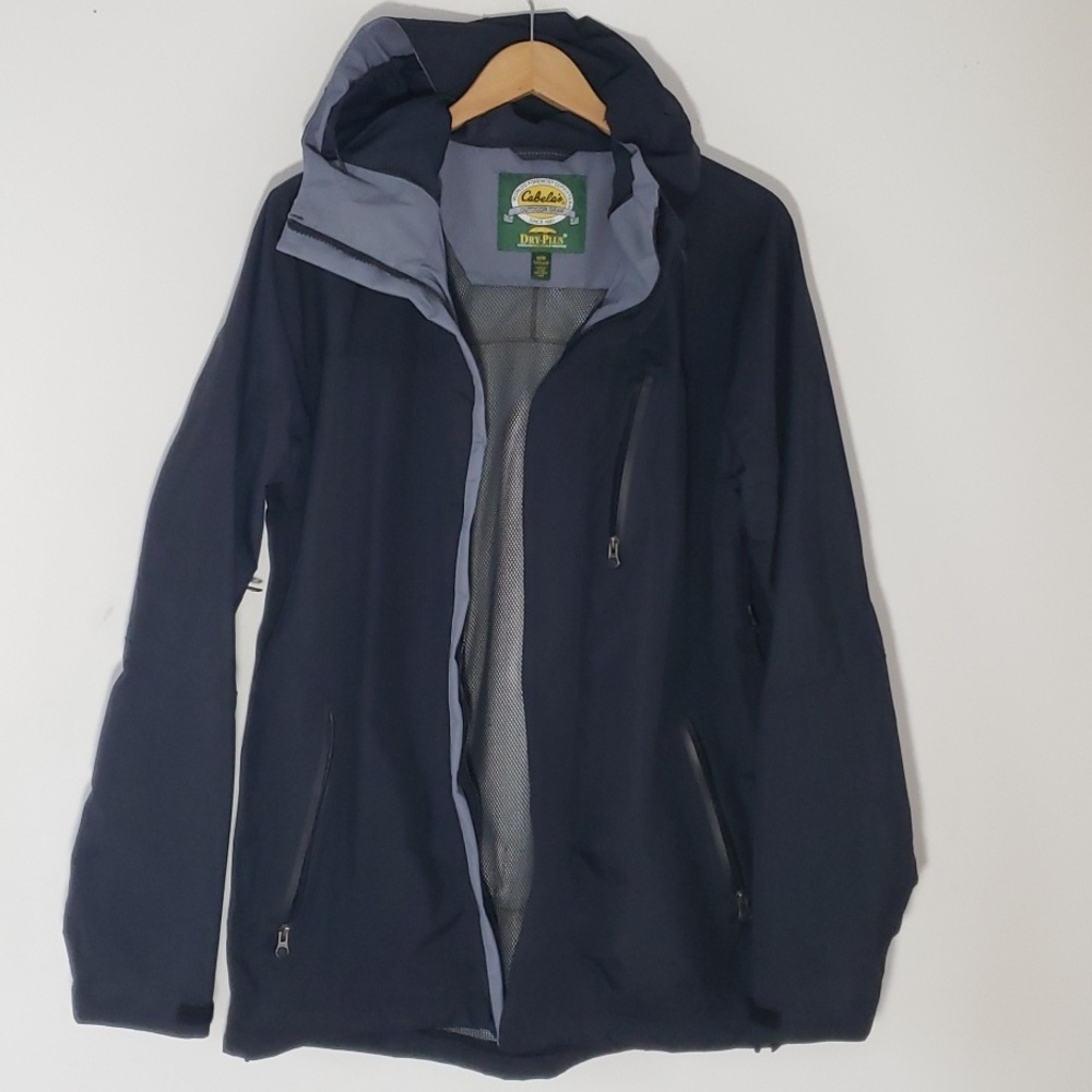 Cabelas Mens DRY PLUS Waterproof Hooded Jacket Parka Black & Gray, Size M/Tall